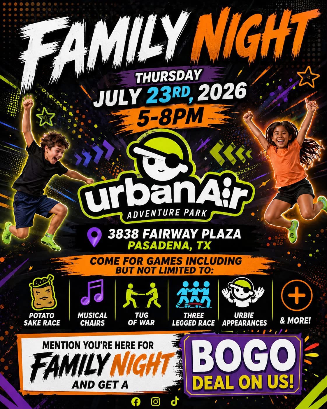 Urban air family night by one get one free July 23 from 5-8pm